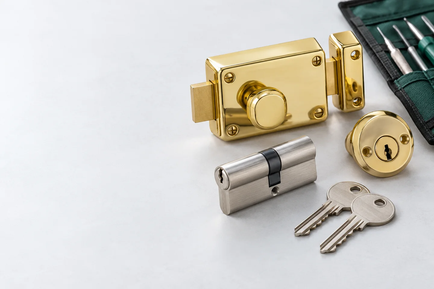 Illustration of lock cylinders, a brass nightlatch and keys