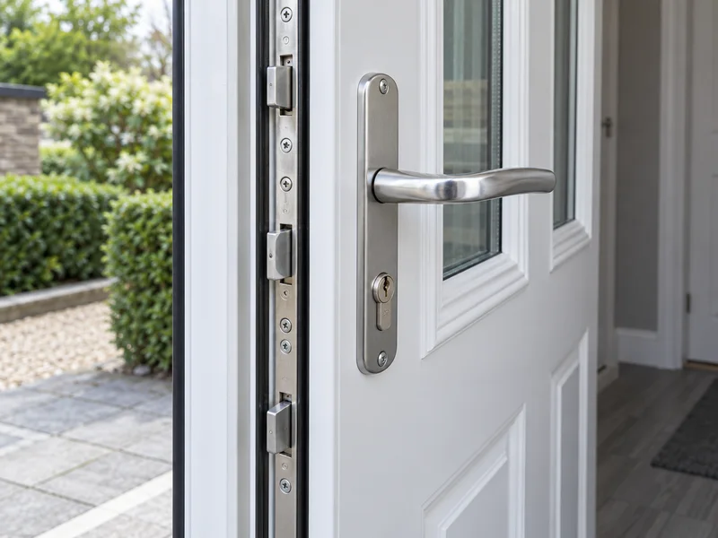Illustration of a white uPVC door with a lever, euro cylinder and multipoint locking strip